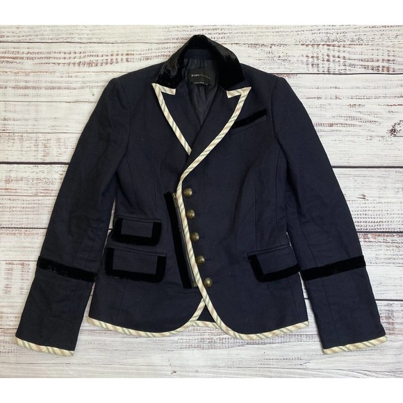 BCBG Maxazria Military Officer Blazer‎ Coat Button Zip Velvet Trim Navy Blue XS - Picture 1 of 6